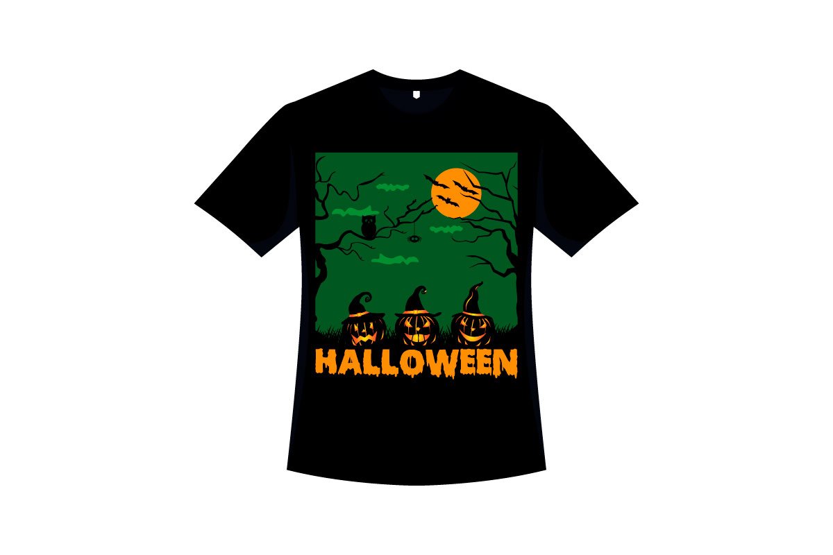 Black t-shirt with a green Halloween illustration with angry pumpkins.