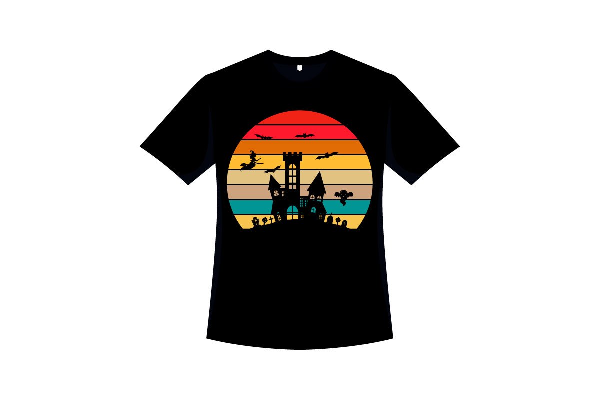 Black t-shirt with so bright Halloween illustration in a round.