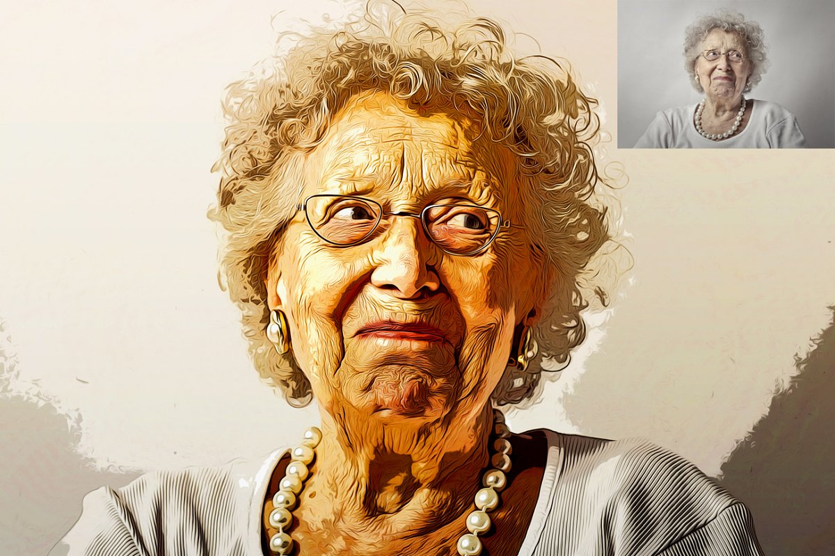 Vector Oil Photoshop Action - old woman portrait example.
