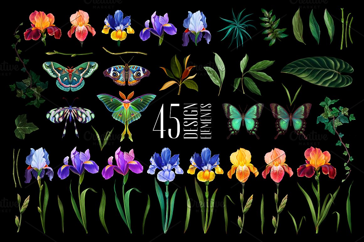 A set of 45 illustrations of butterflies and flowers on a black background.