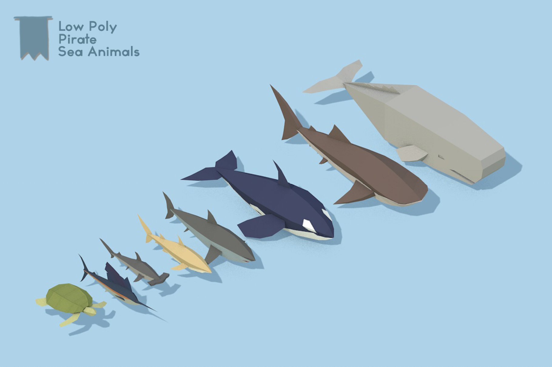 Colorful illustrations of low poly pirate sea animals on a light blue background.