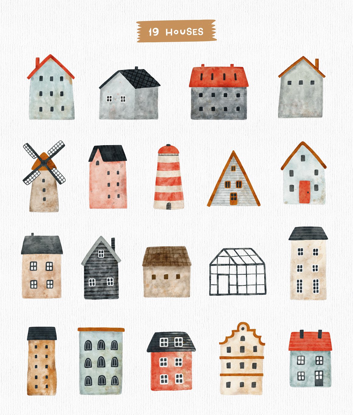 A set of 19 different illustrations of houses on a gray background.