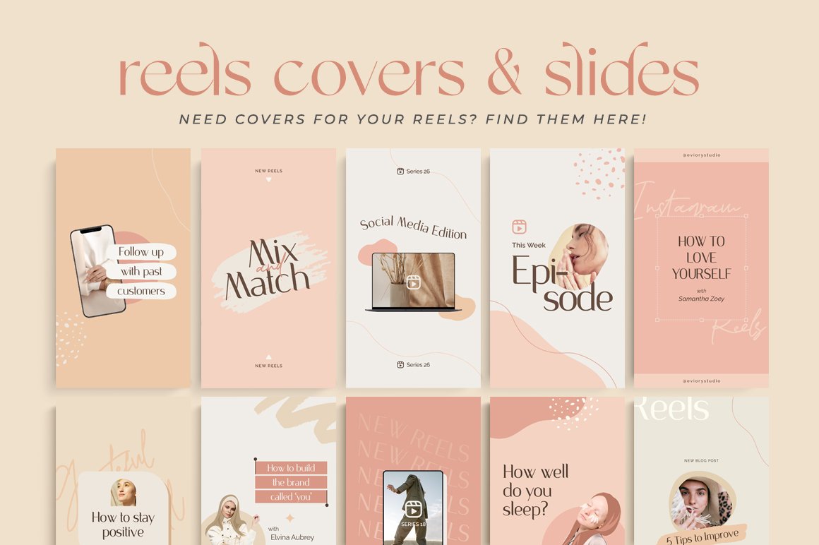 Pink lettering "reels covers & slides" and 10 different templates on a pink background.