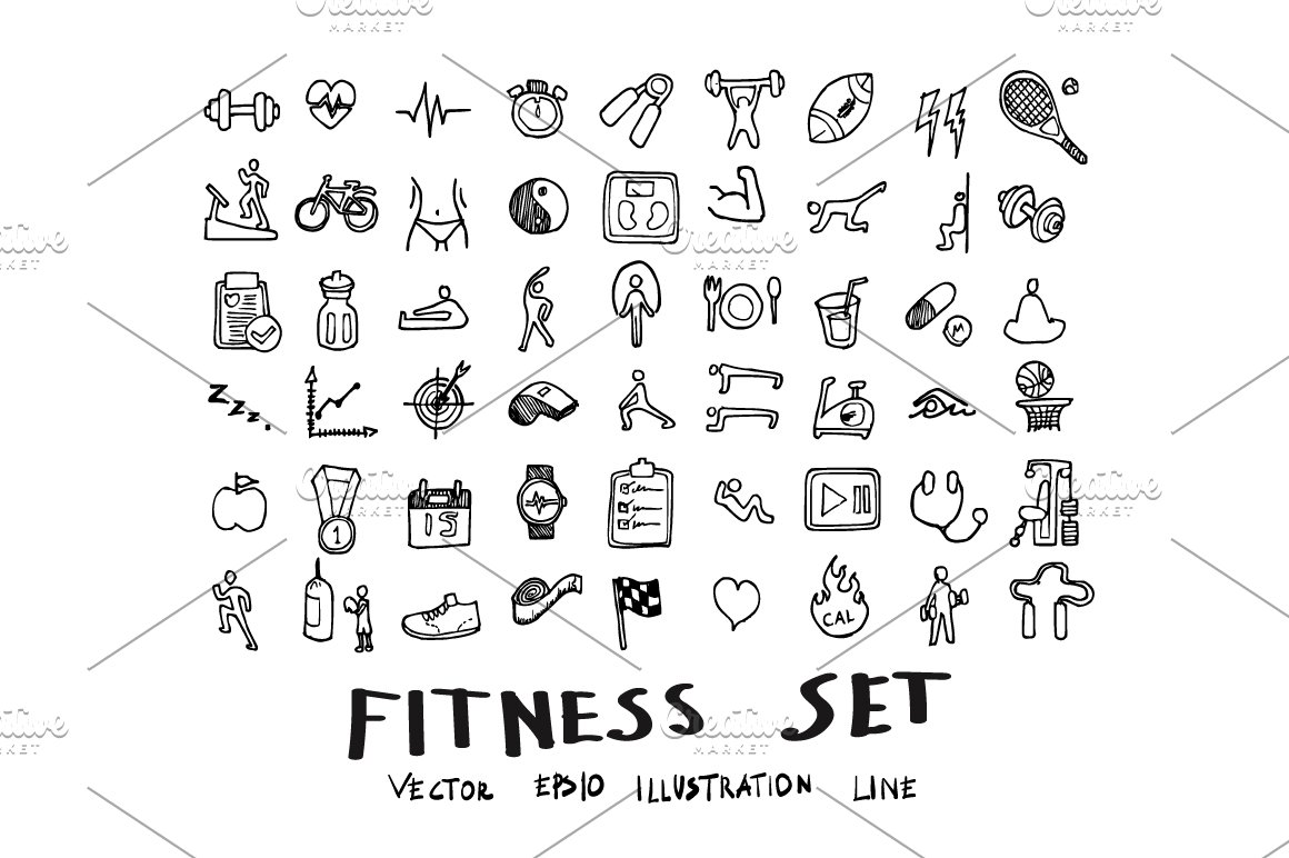 Fitness black doodle icons clipart on a white background.