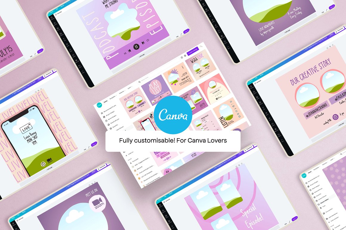 Icon of Canva on the background of different templates on a lavender background.