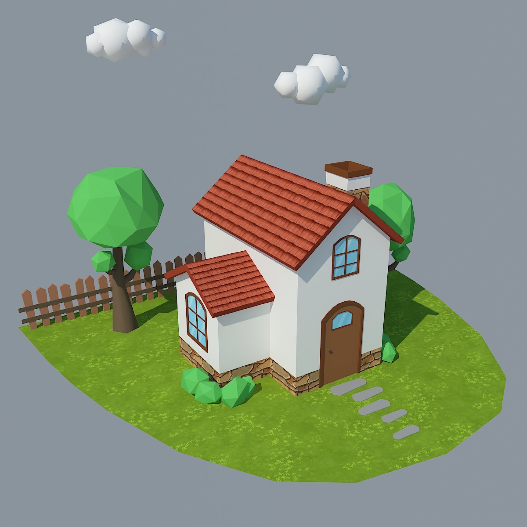 Low poly house front right mockup from above.