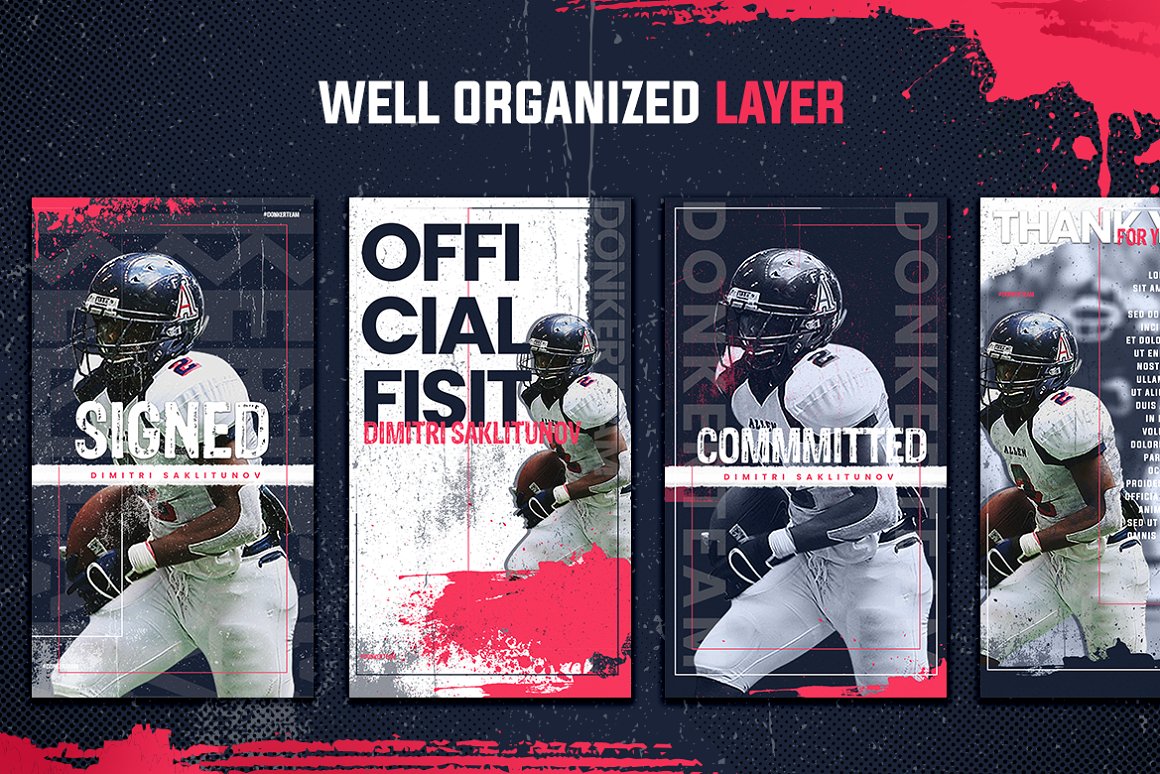 4 different templates of sports social media on a blue and red background.