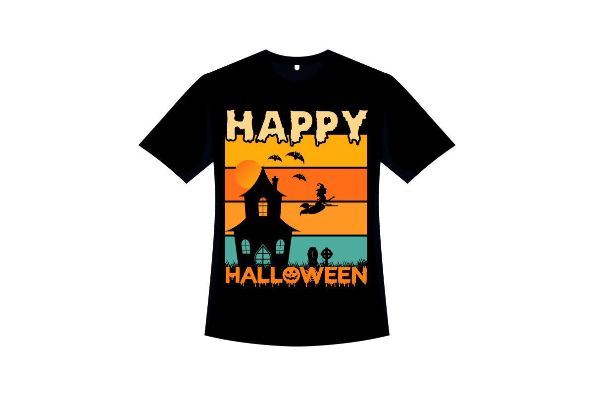 Black t-shirt with a vivid Halloween print and scary font.