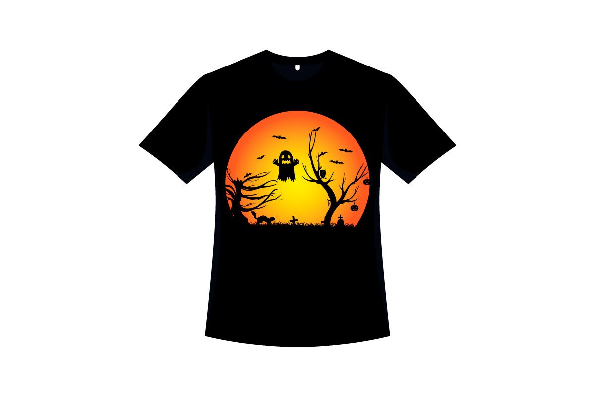 Black t-shirt with an orange round with a scary black forest.