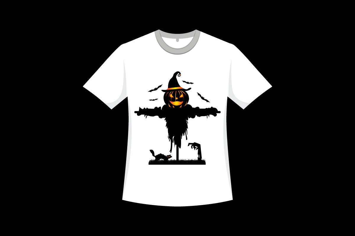 White t-shirt with a Halloween Scarecrow.