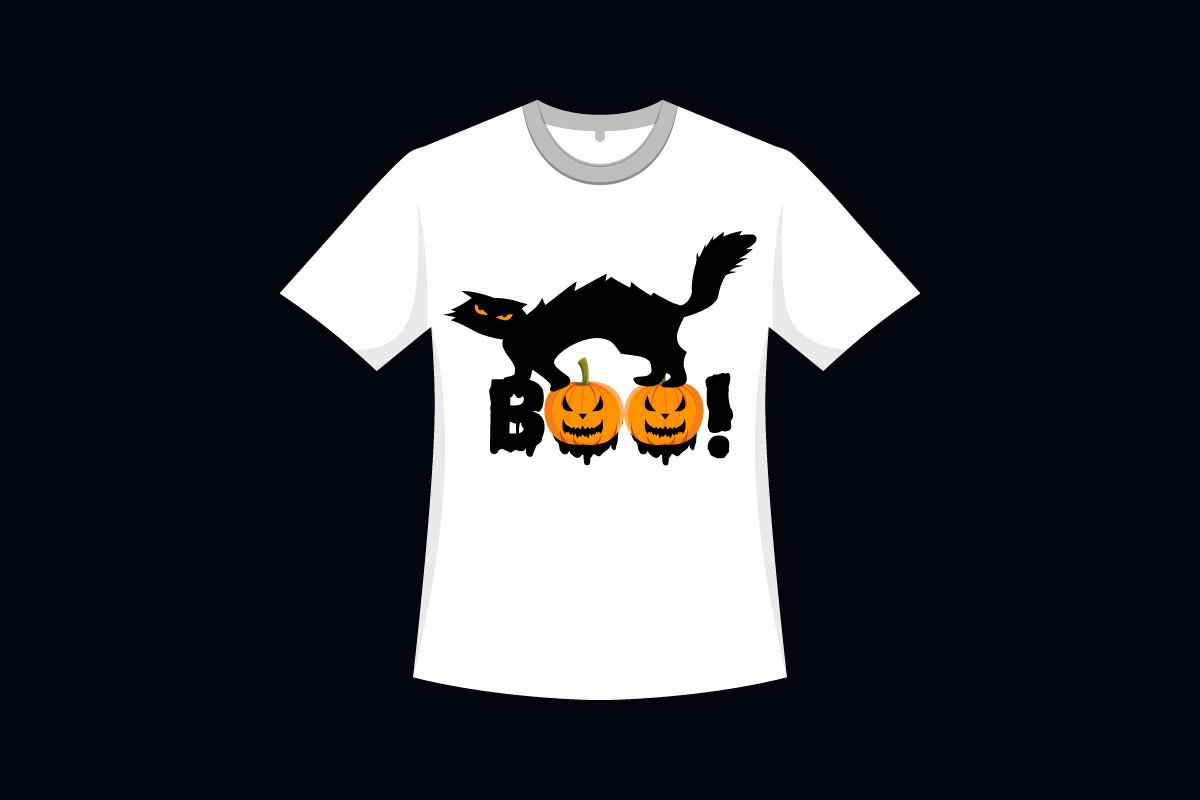 Simple white t-shirt with a scary black cat and Halloween pumpkins.