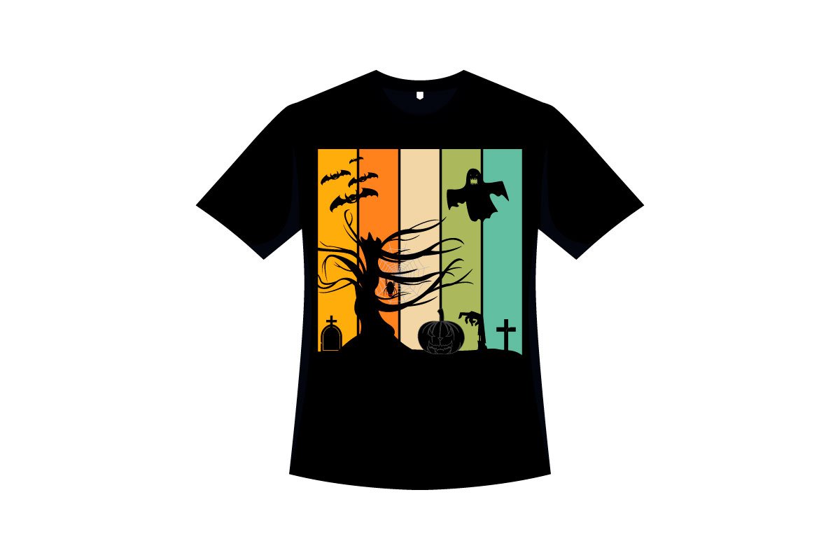 Black t-shirt with a colorful cemetery in a Halloween night.