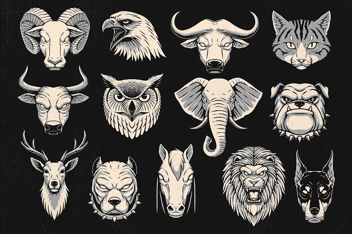 Clipart of 13 different animal illustrations on a black background.