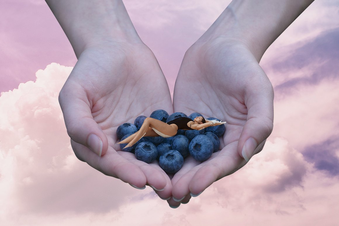 Illustration of hands holding a girl and blueberries against the sky.