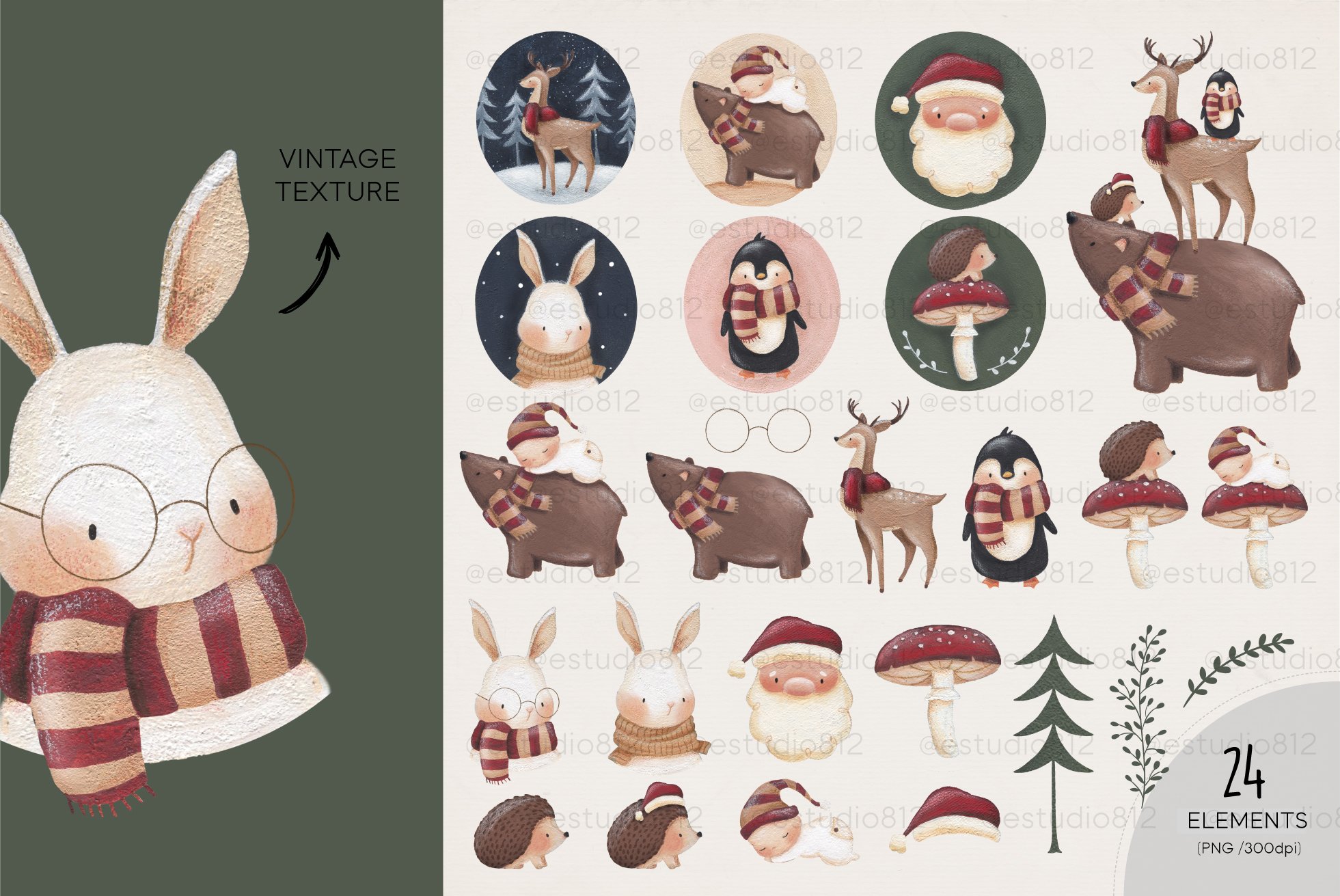 Separate Christmas animals and other elements in warm winter colors.