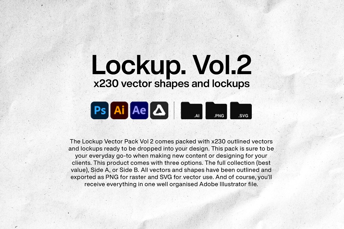 Black lettering "Lockup. Vol.2" and different editing and formats icons.
