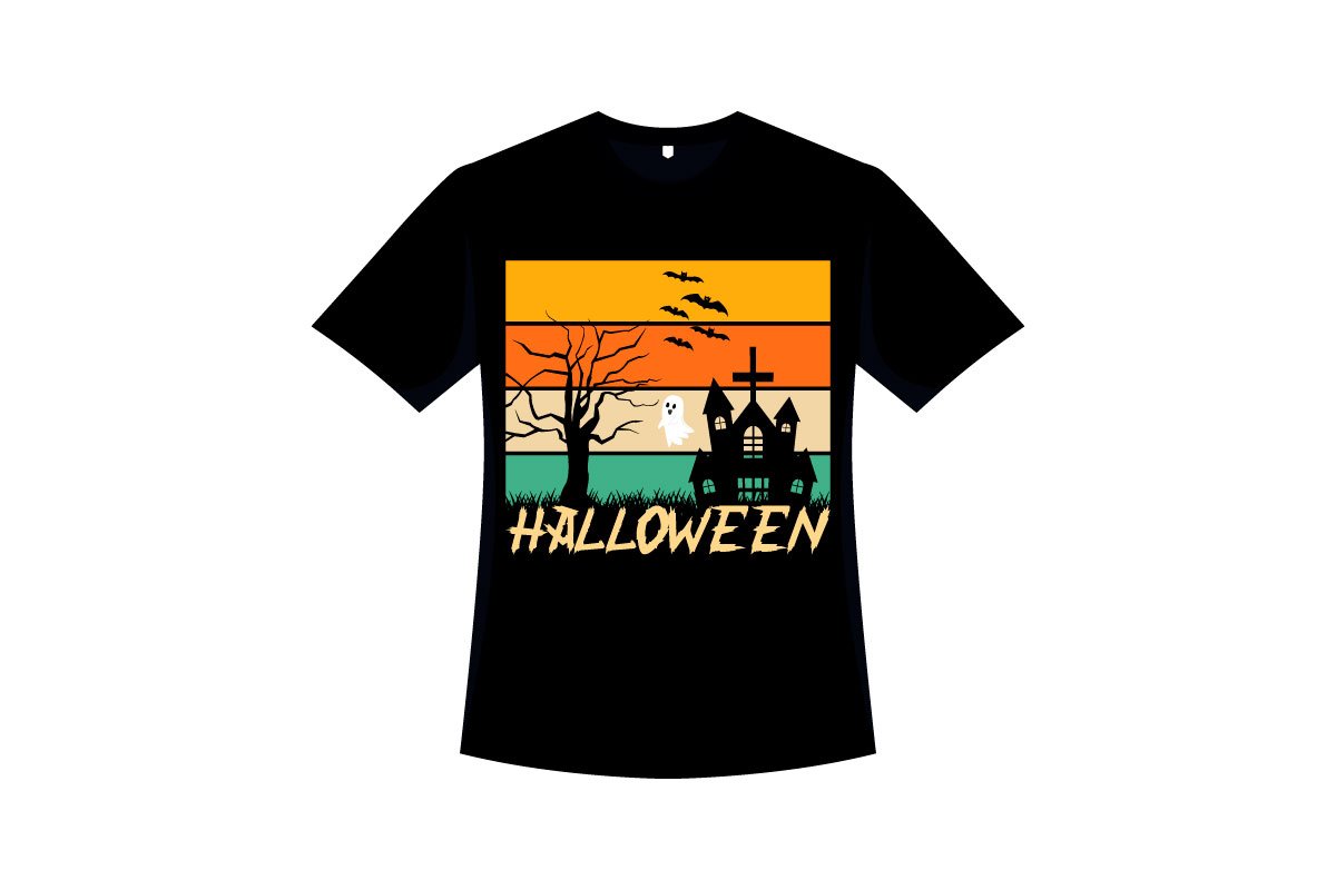 Black t-shirt with colorful horizontal Halloween illustration.