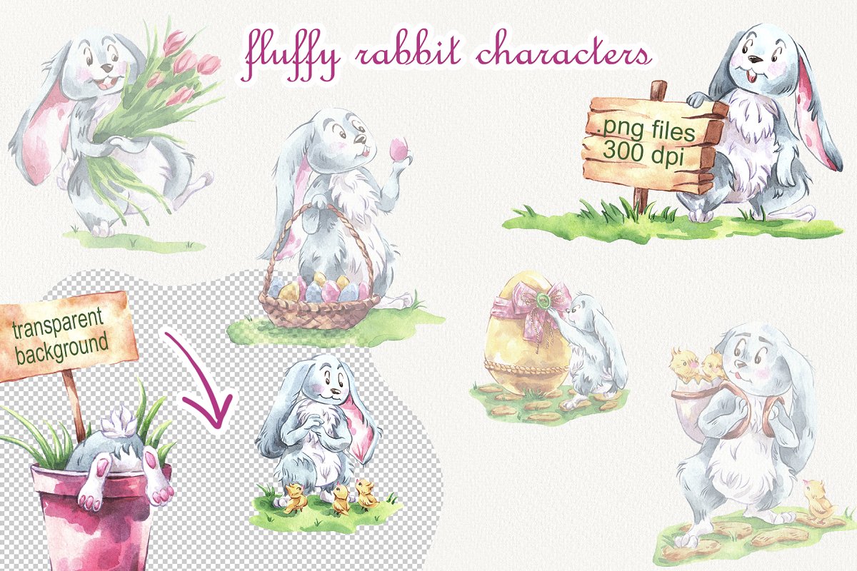 Big diversity of fluffy rabbit characters.