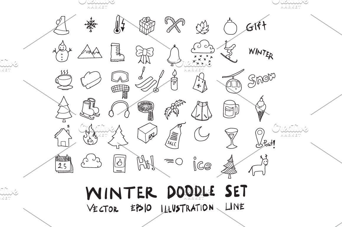 Winter black doodle icons set on a white background.