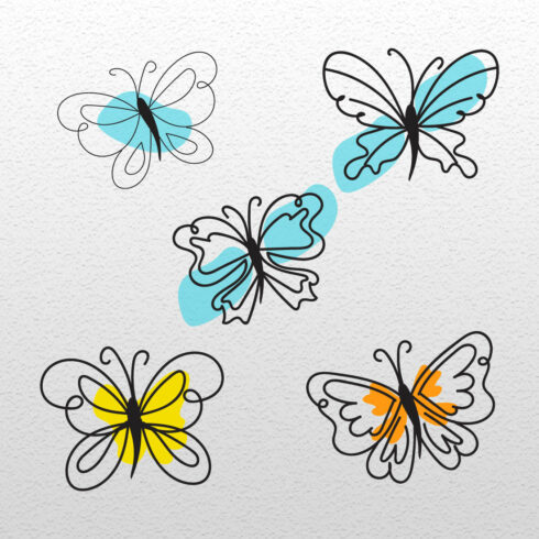 Group of four butterflies flying through the air.
