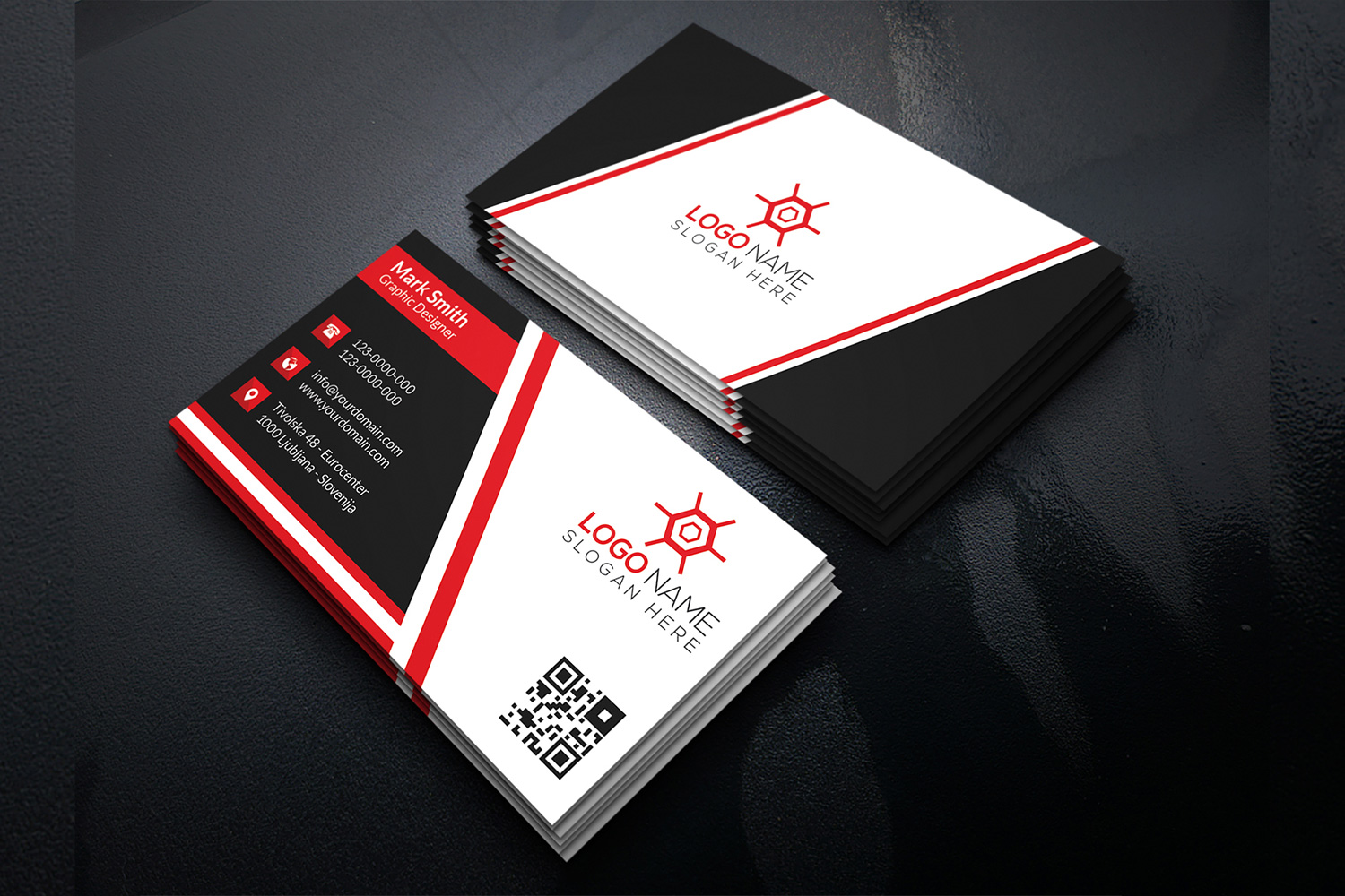 Laconic business cards with red lines.