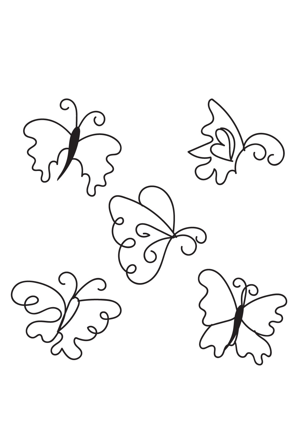 Four butterflies flying in the air with a white background.