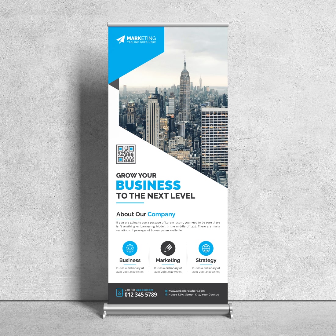 Image of a corporate roll up banner in a charming blue design