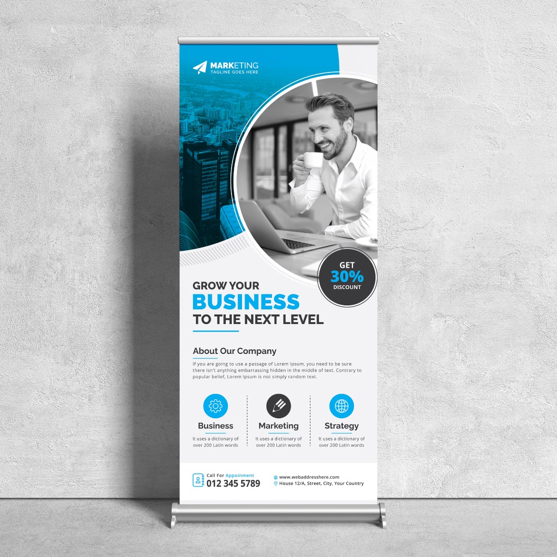 Image of a corporate roll up banner in a charming blue design