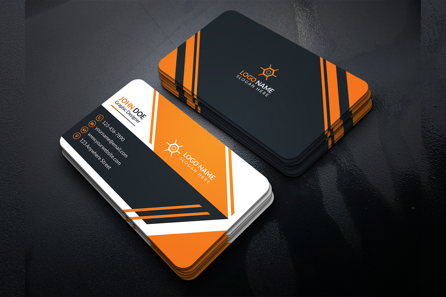 Strong business cards with orange and black colors mix.