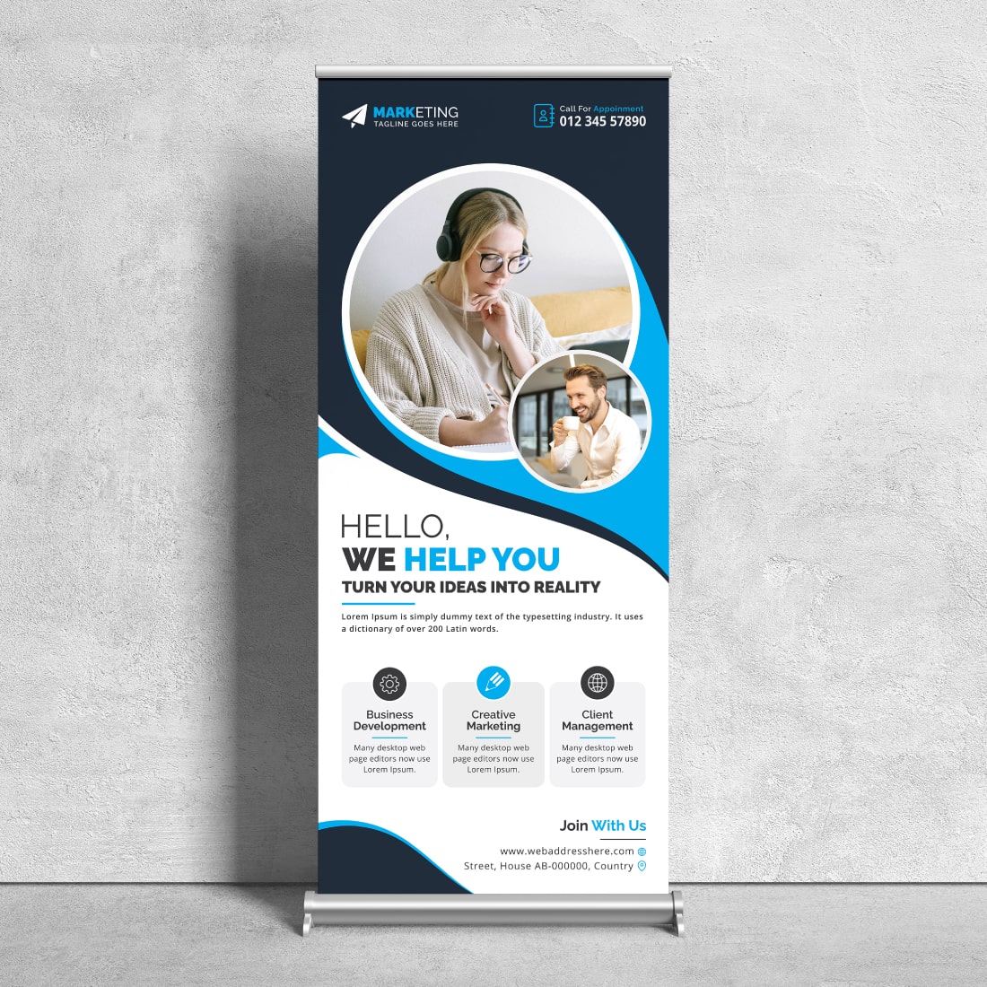 Image of a corporate roll up banner in a charming blue design