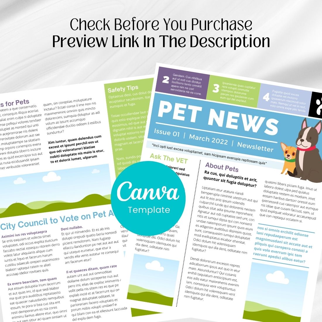 Dog Pet Care Newsletter Canva Template cover image.
