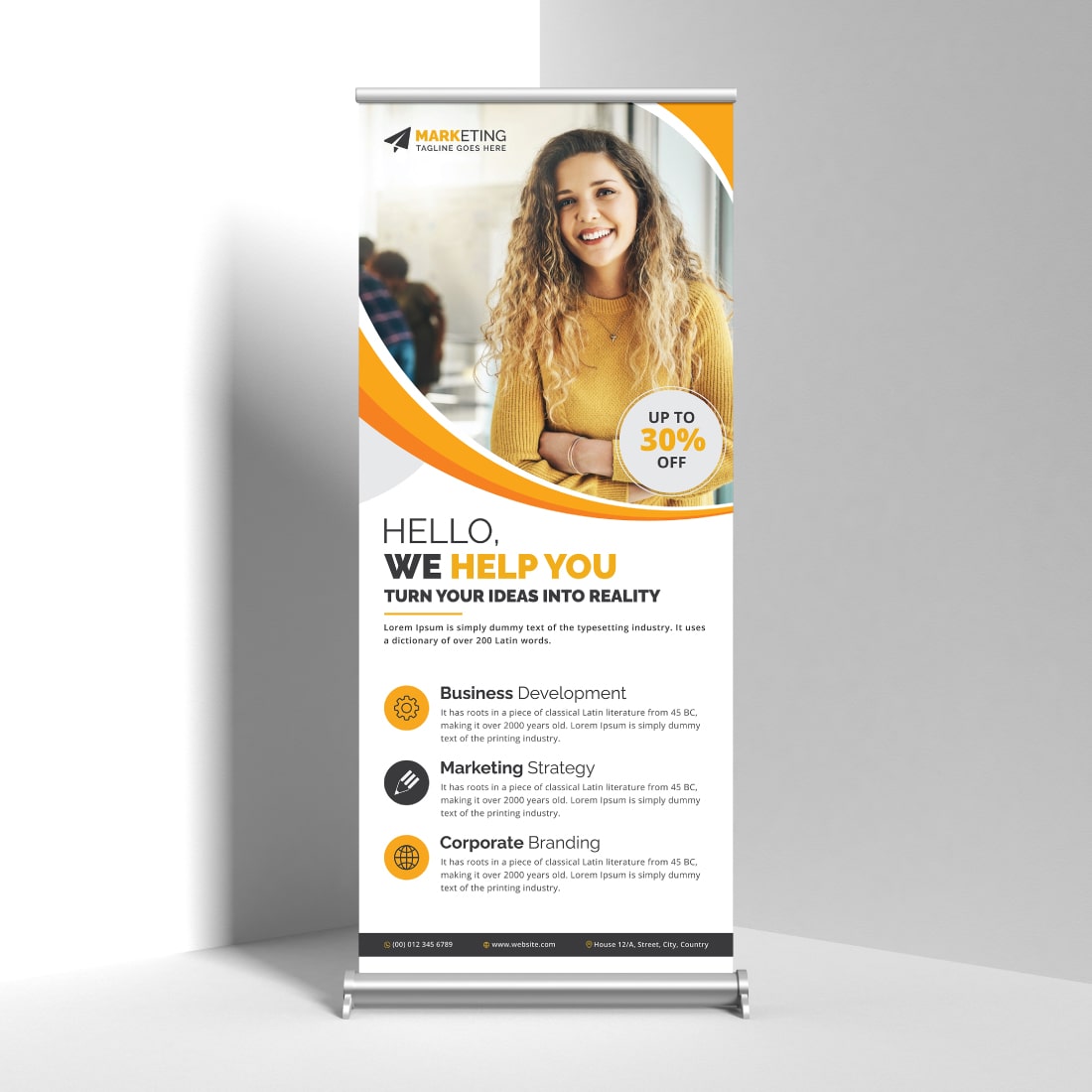 Image of corporate roll up banner in irresistible yellow design