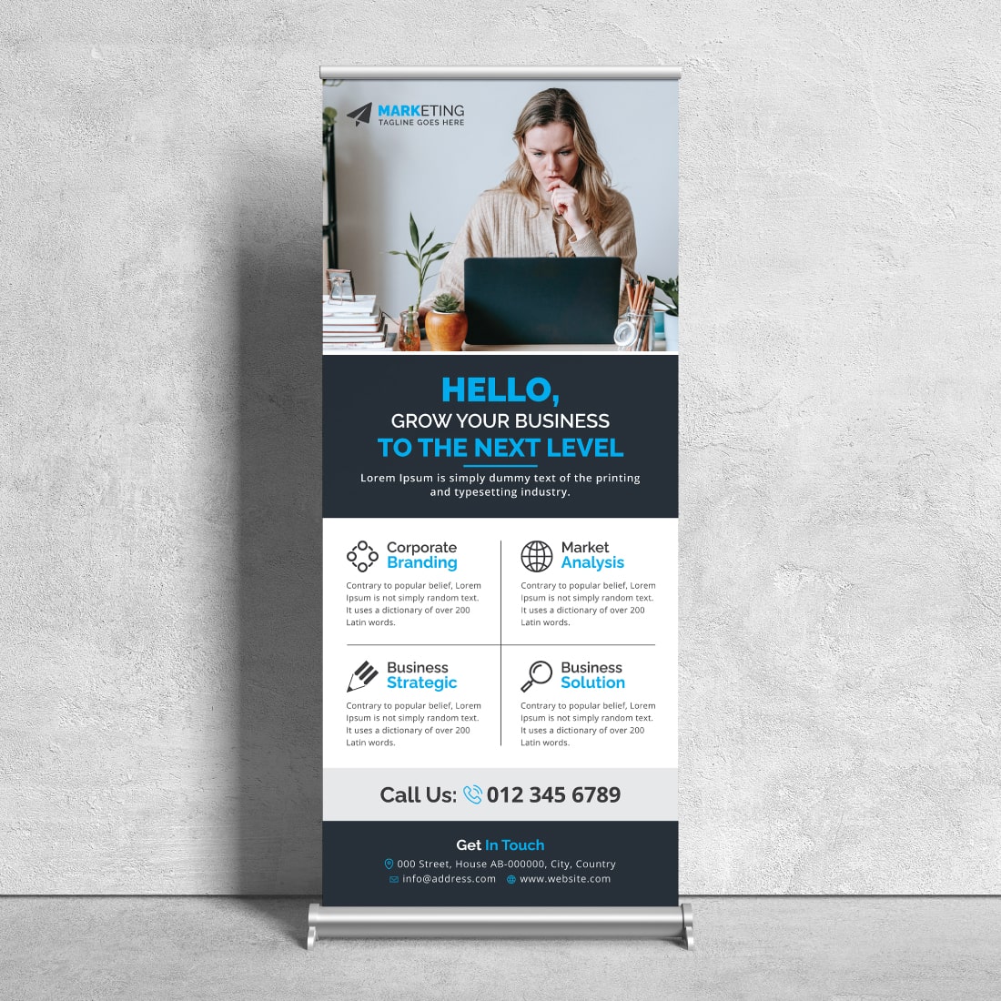 Image of corporate roll up banner in colorful blue design