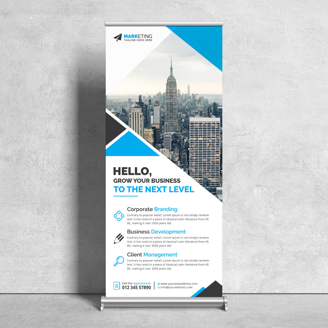 Image of corporate roll up banner in colorful blue design