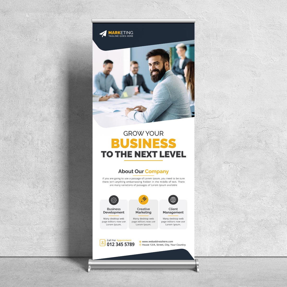 Image of corporate roll up banner in exquisite yellow design