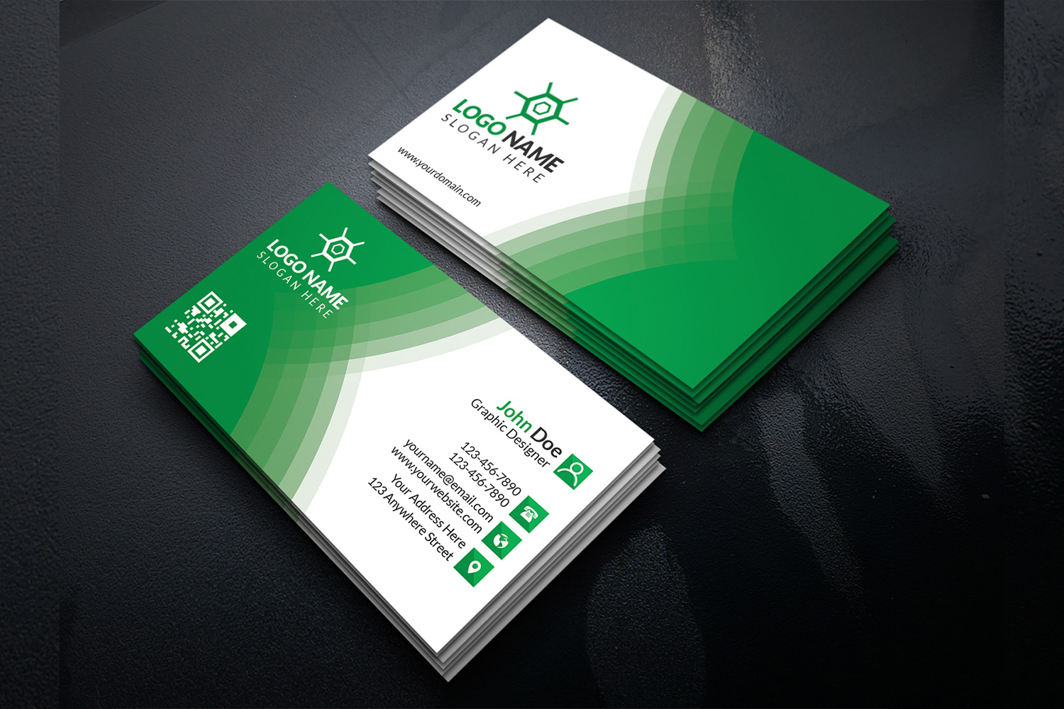 Green and white business card.