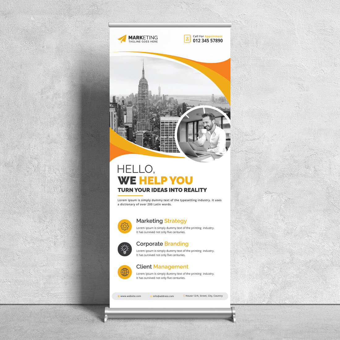 Image of corporate roll up banner in irresistible yellow design