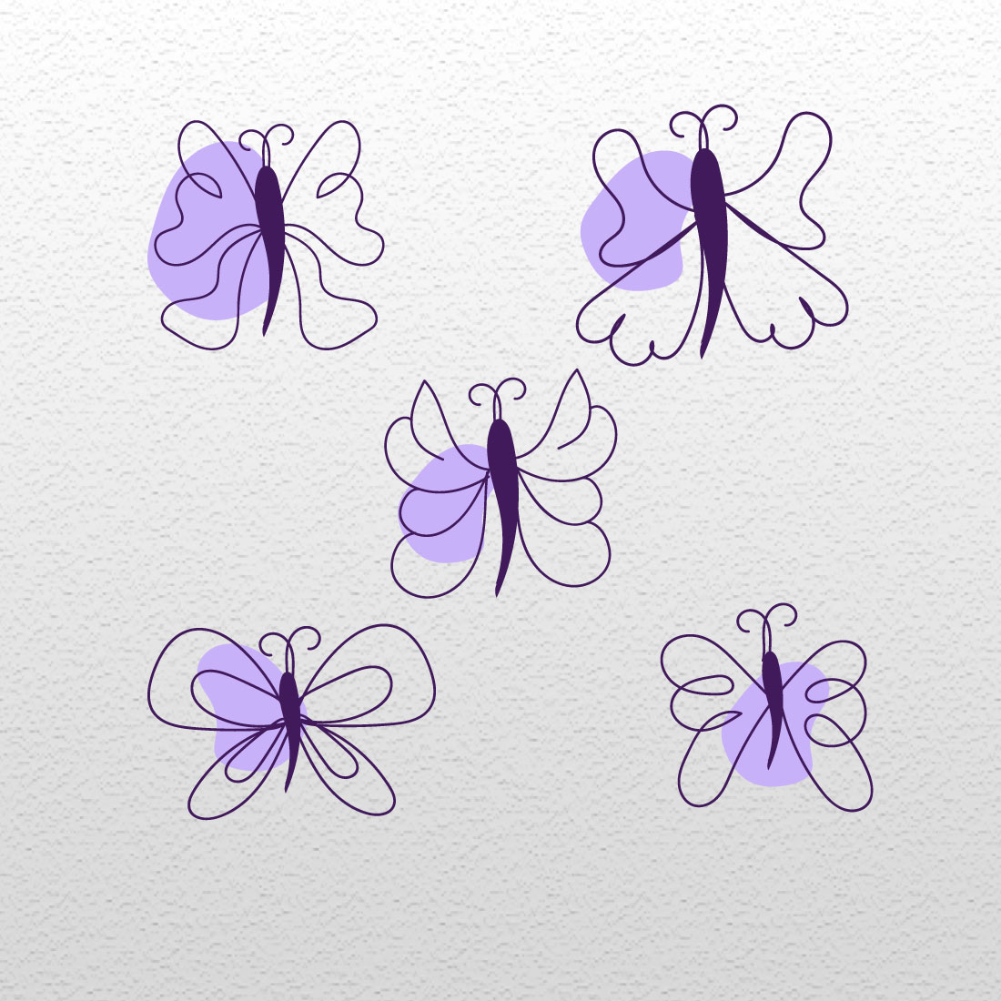 Set of four purple butterflies on a white background.