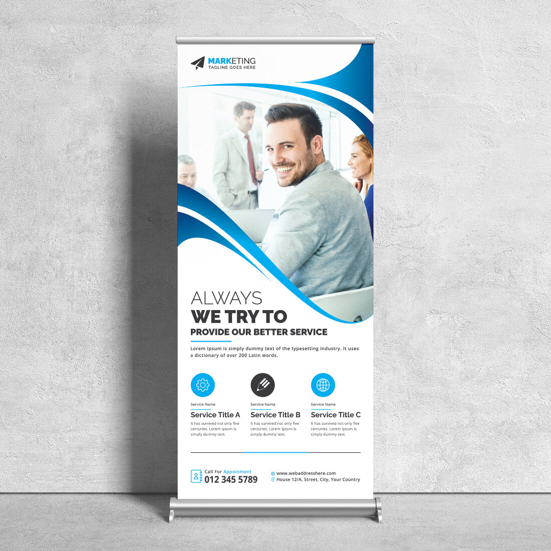 Image of corporate roll up banner in exquisite blue design