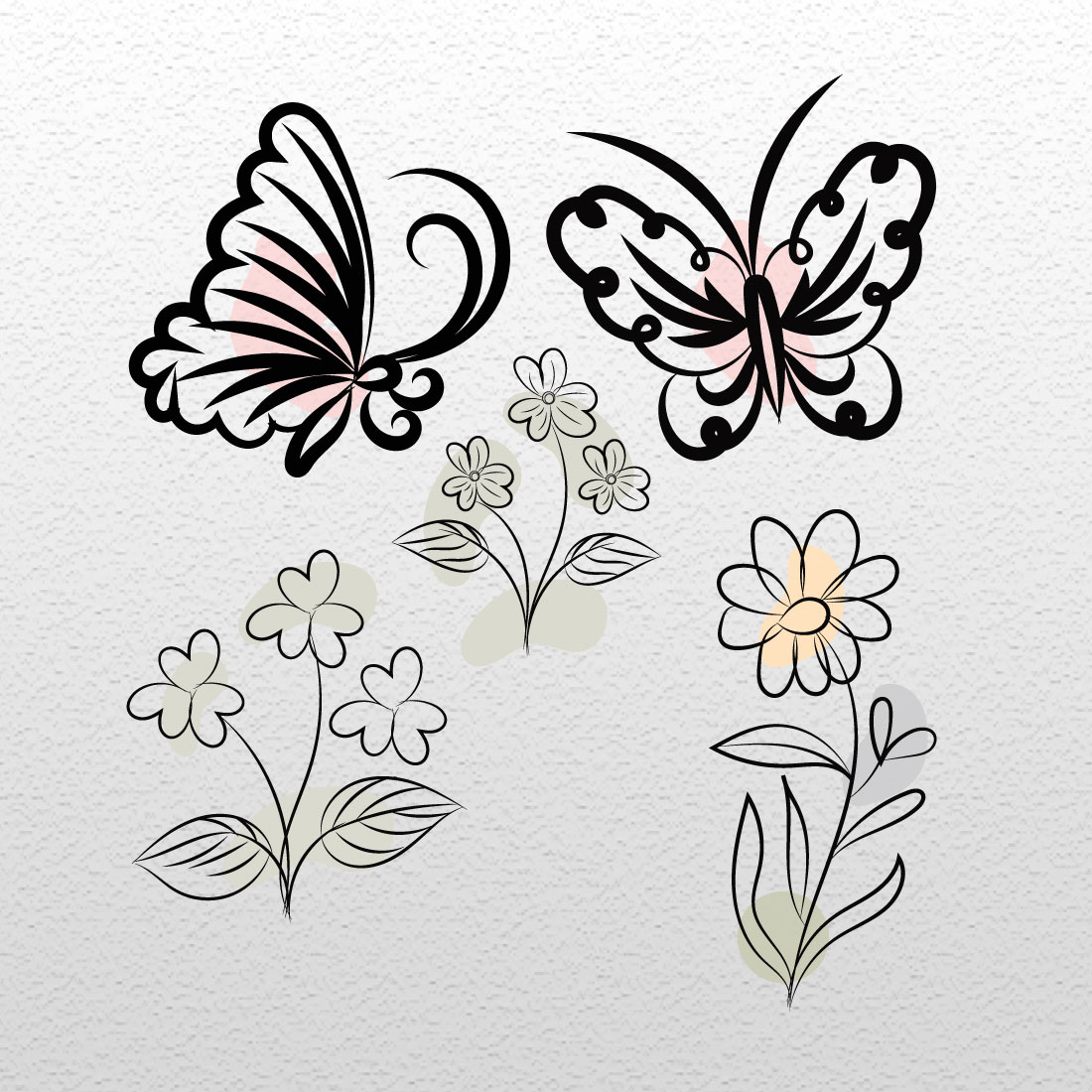 Set of butterflies and flowers on a white background.