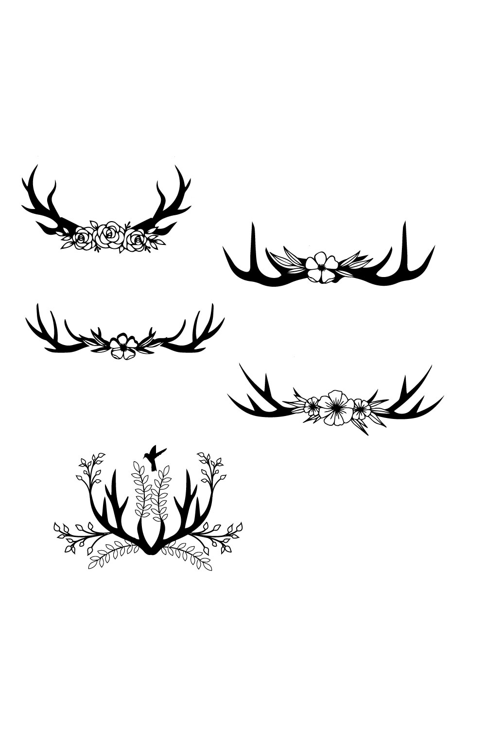 Set of black gorgeous images of deer antlers