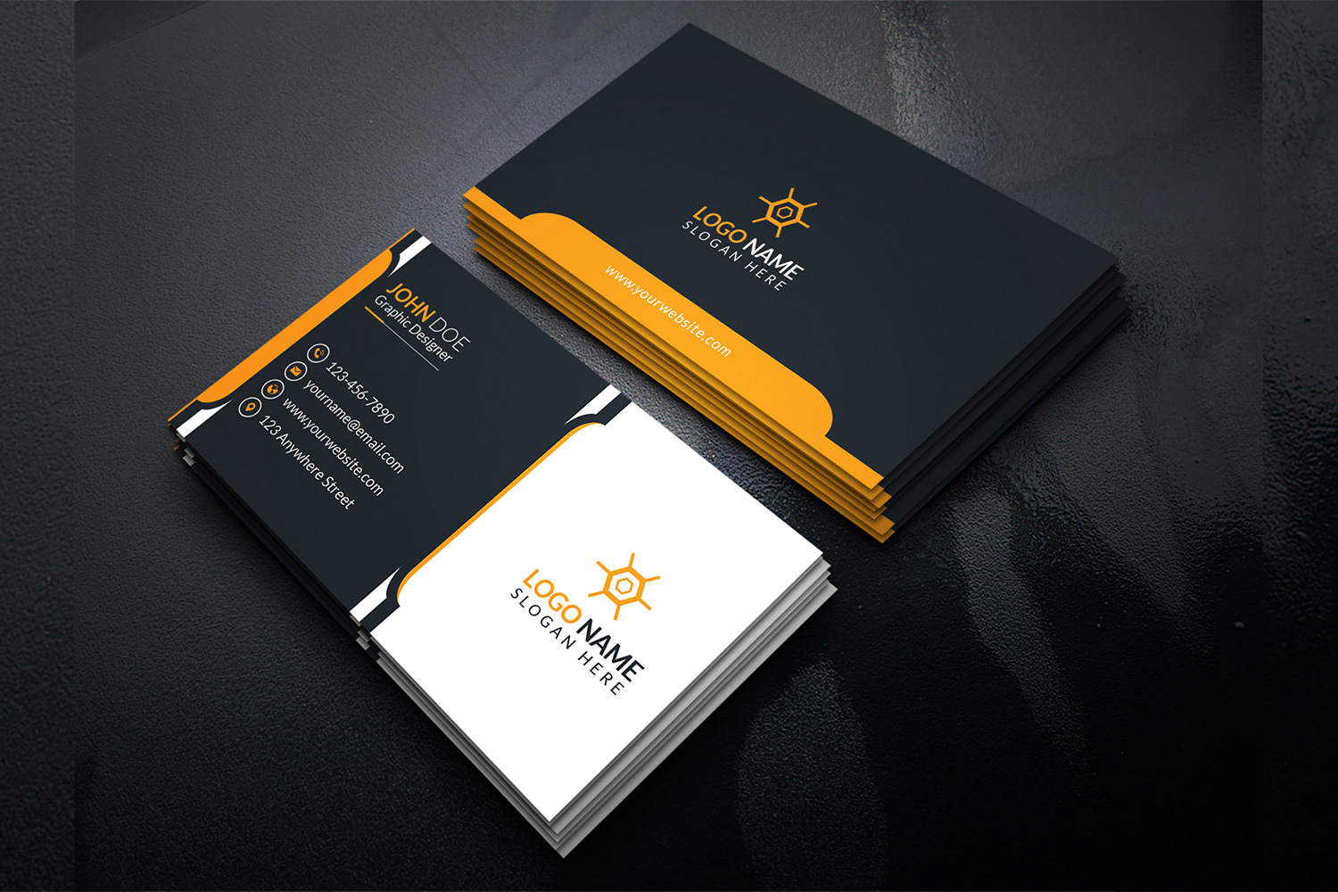 Black and white business cards with yellow lines.