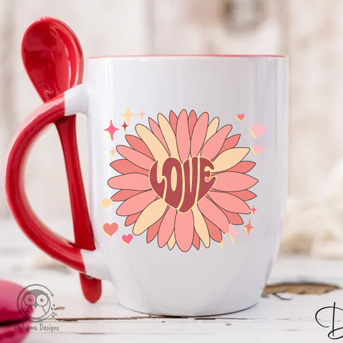 Picture of mug with gorgeous sunflower print in pink color.