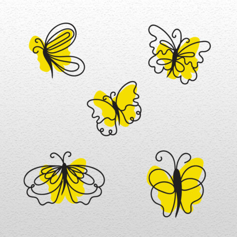 Set of four yellow butterflies on a white background.