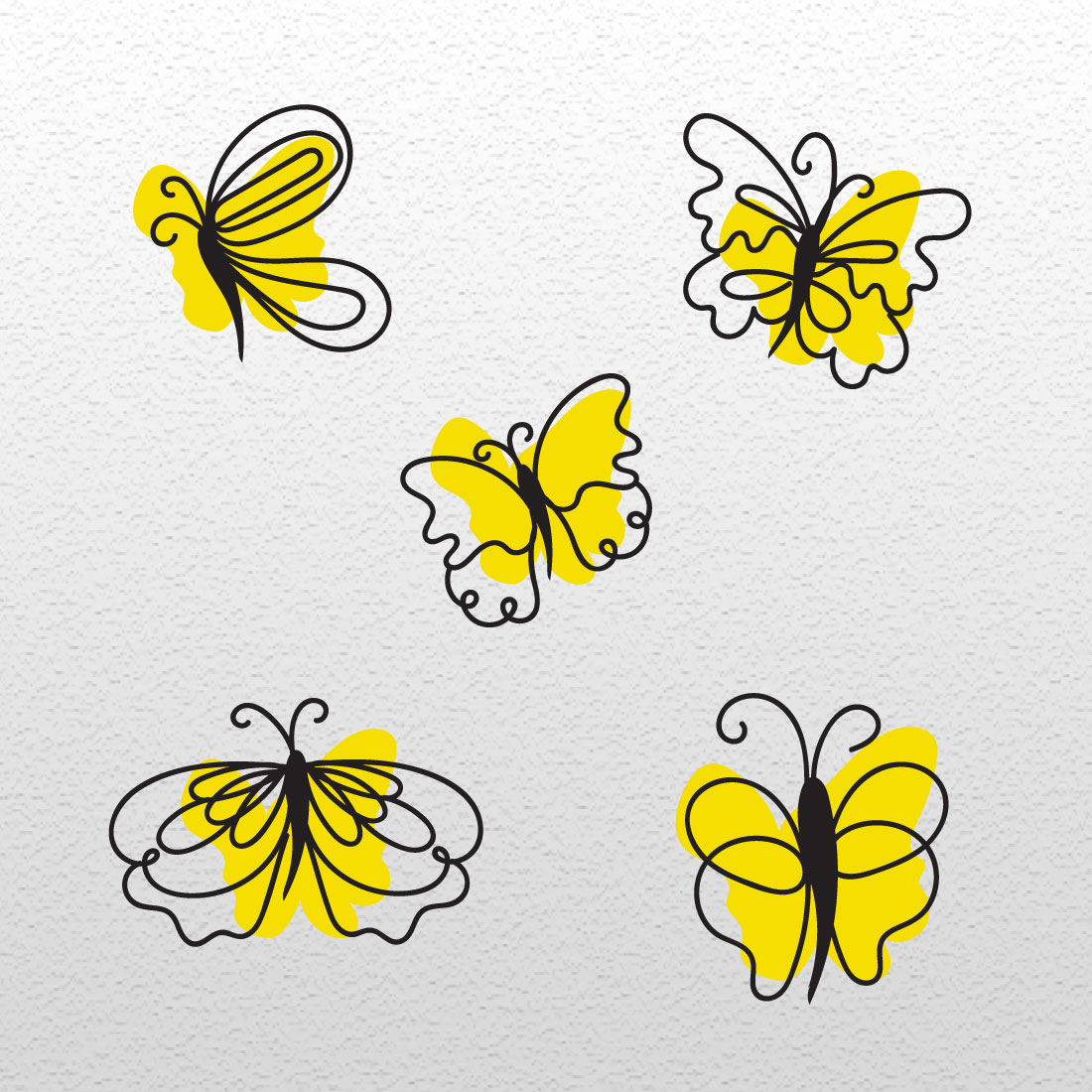 Set of four yellow butterflies on a white background.