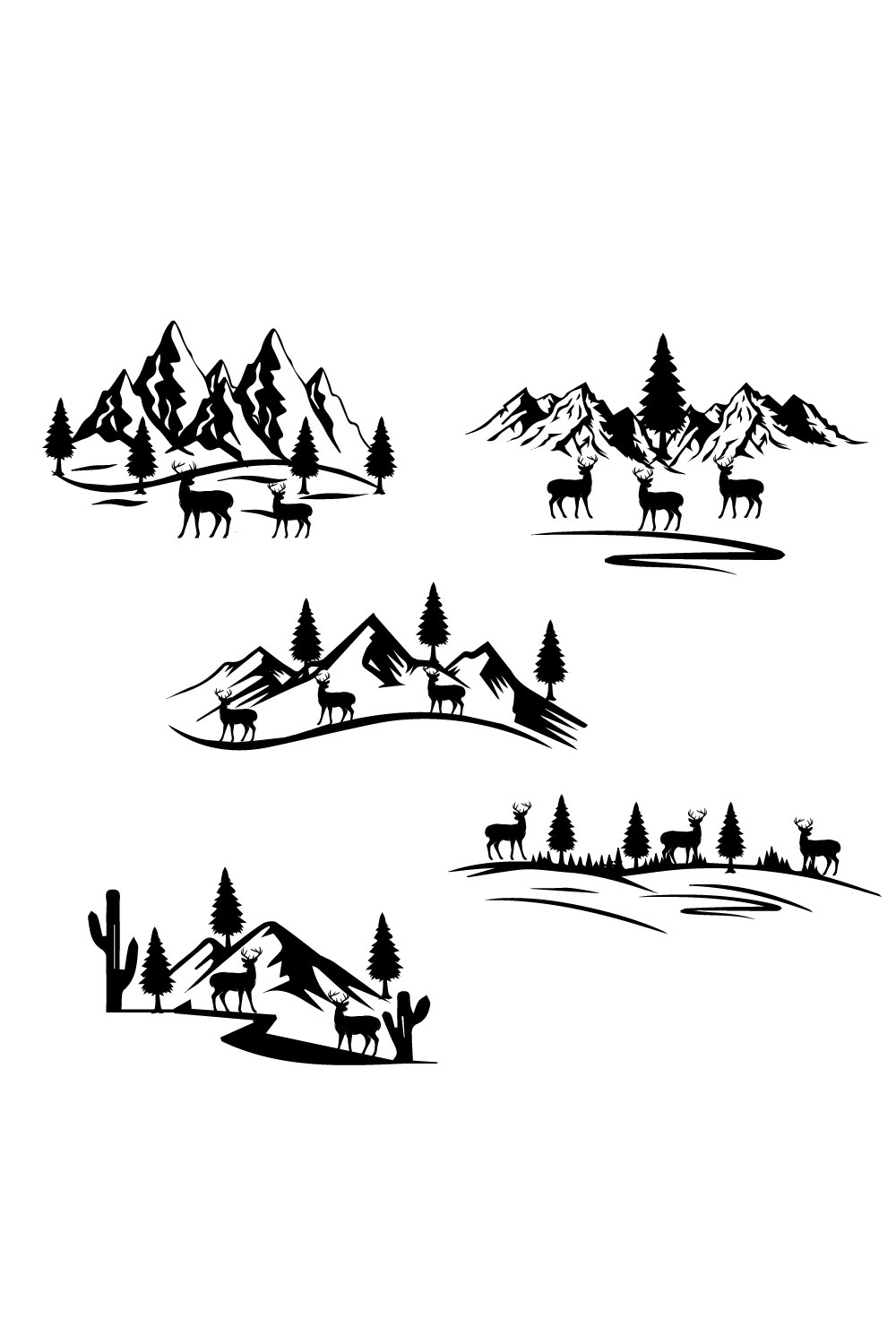 Black and white drawing of a mountain range.