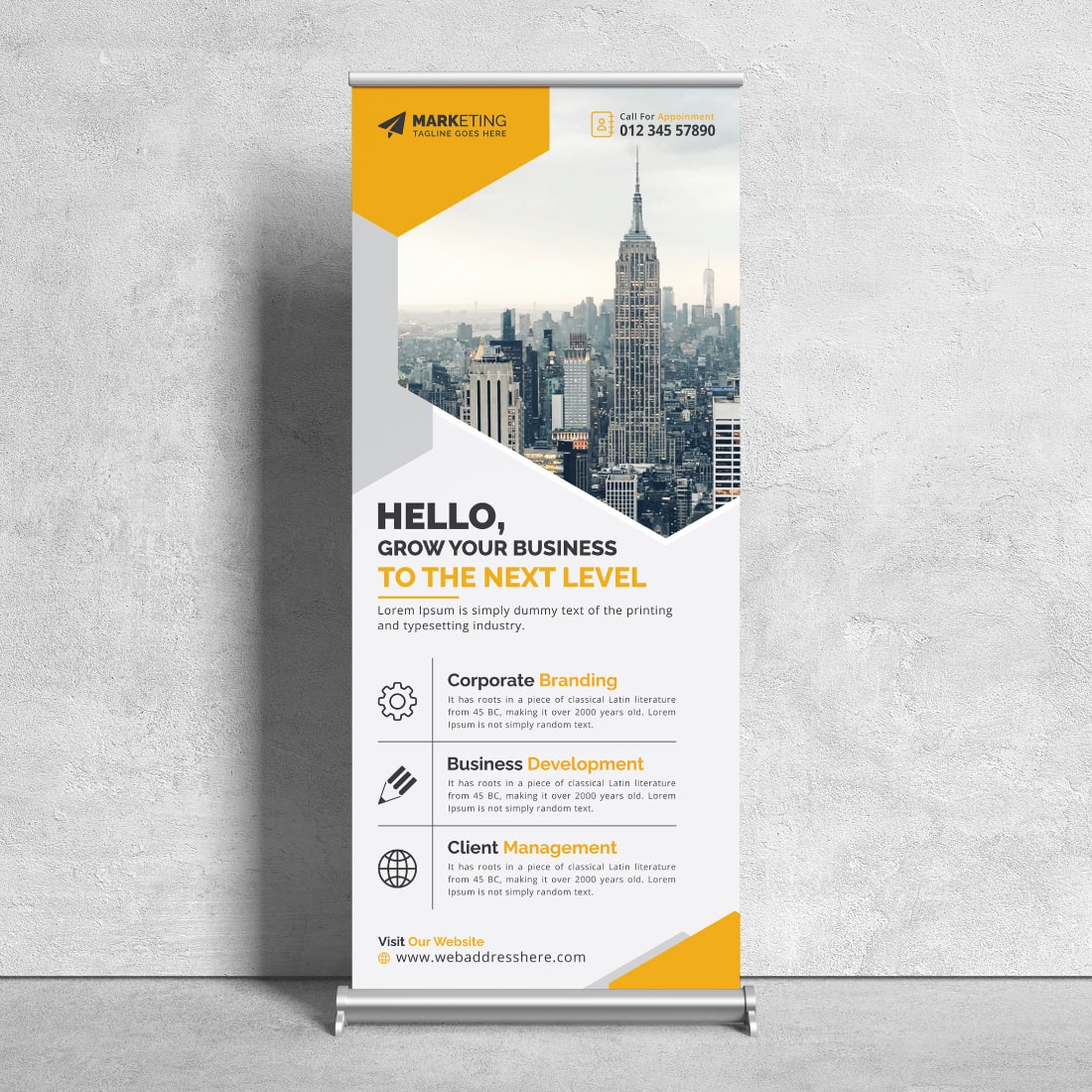 Image of corporate roll up banner in irresistible yellow design