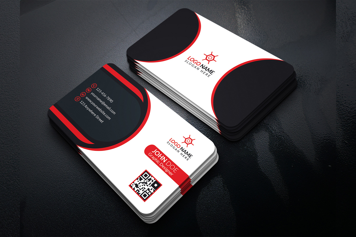 Minimalistic business cards with strong red lines.