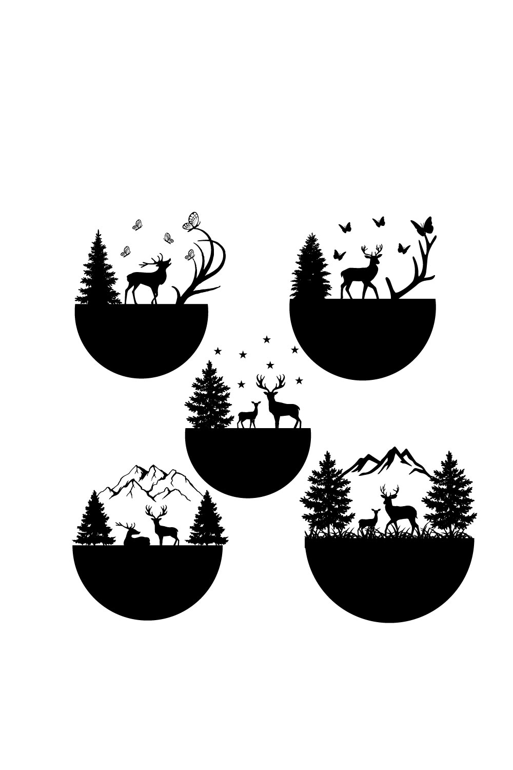 Set of four black and white silhouettes of deer.