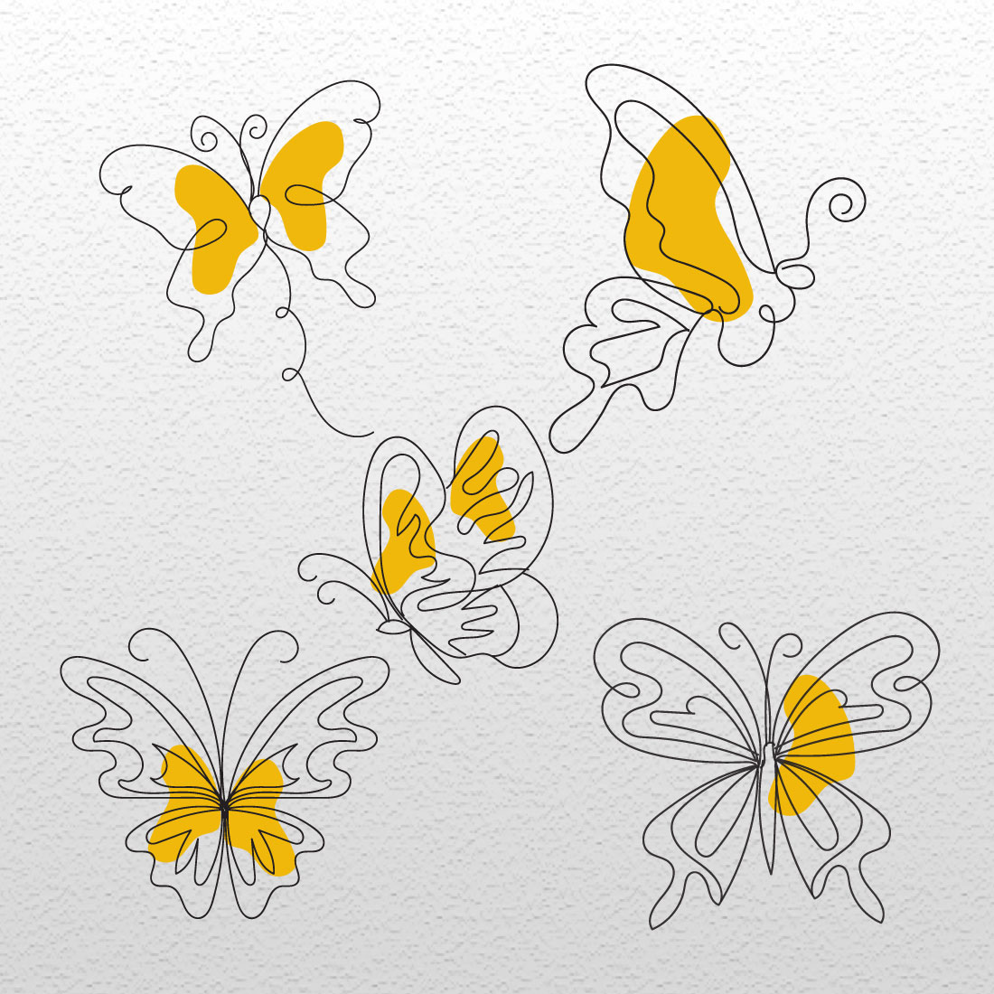 Set of four yellow butterflies on a white background.